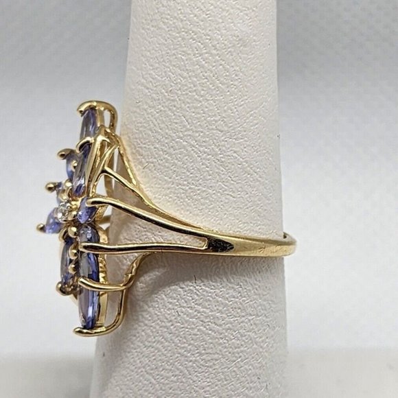 14K YELLOW GOLD TANZANITE & DIAMOND FLOWER RING  SIZE 5.5 - Picture 3 of 5